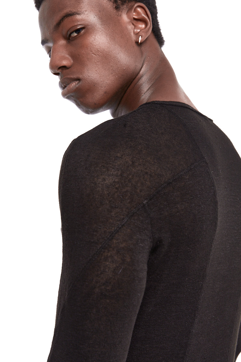 BLACK LIGHT STRETCH LINEN ROUND NECK TOP