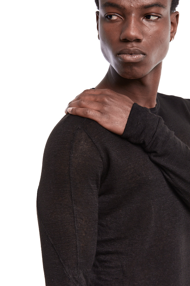 BLACK LIGHT STRETCH LINEN ROUND NECK TOP