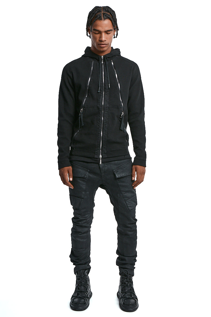 BLACK ZIPPED MIXED HOODY