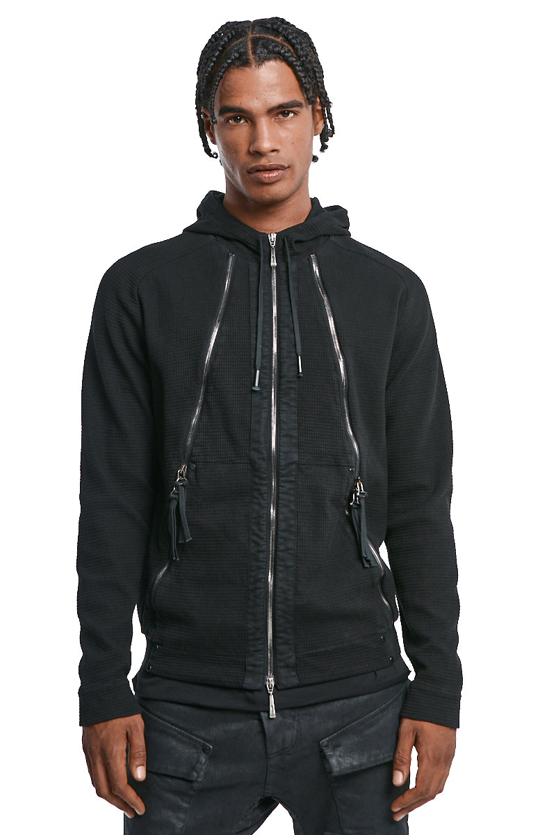 BLACK ZIPPED MIXED HOODY