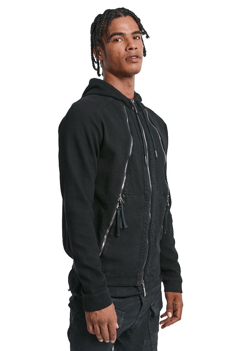 BLACK ZIPPED MIXED HOODY