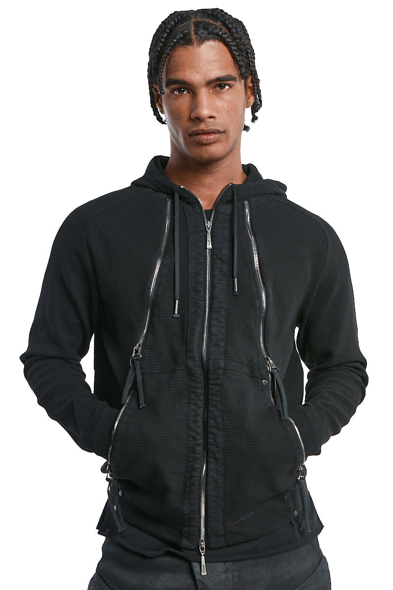 BLACK ZIPPED MIXED HOODY