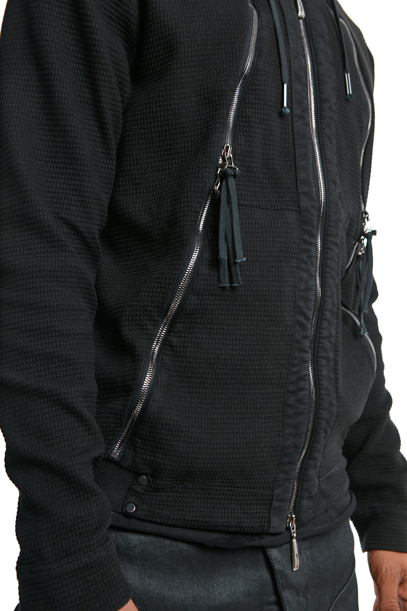 BLACK ZIPPED MIXED HOODY