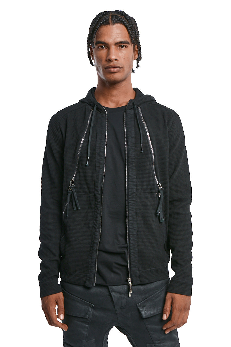 BLACK ZIPPED MIXED HOODY