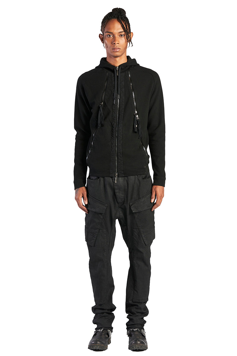 BLACK ZIPPED MIXED HOODY