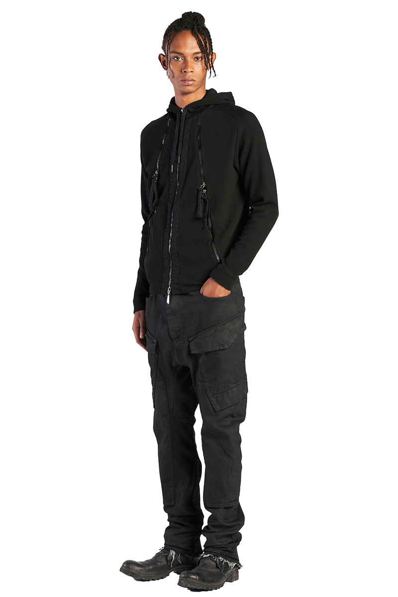 BLACK ZIPPED MIXED HOODY