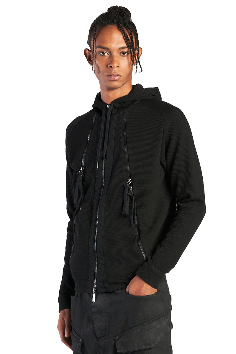 BLACK ZIPPED MIXED HOODY