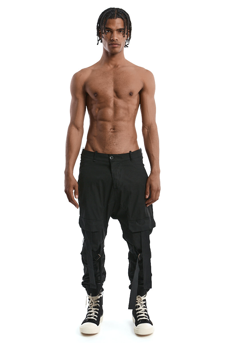 BLACK BAGGY STRAP POCKET TROUSERS