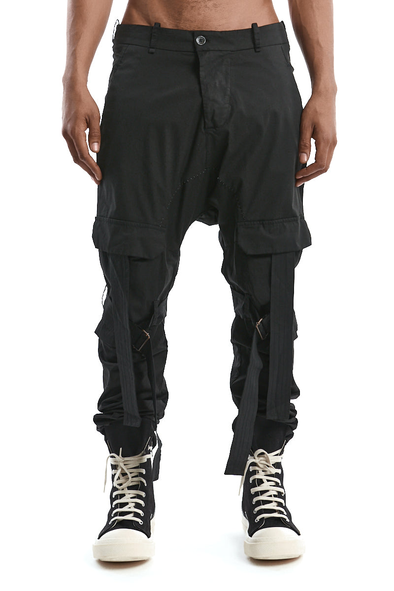 BLACK BAGGY STRAP POCKET TROUSERS