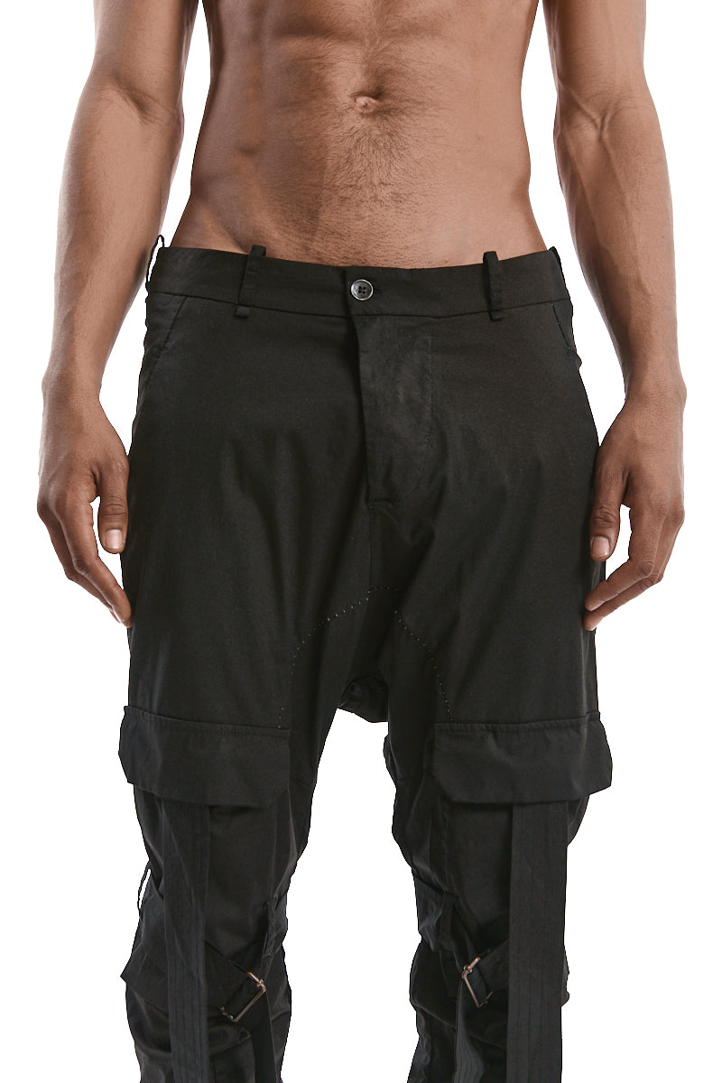 BLACK BAGGY STRAP POCKET TROUSERS