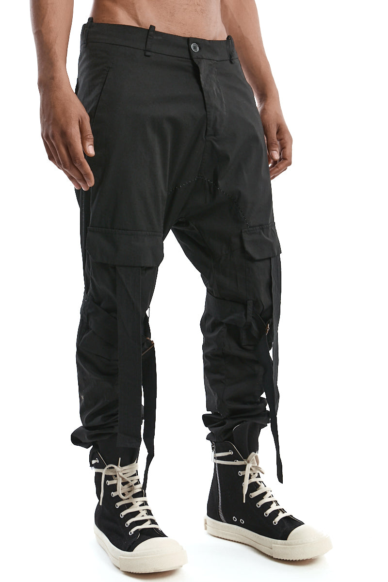 BLACK BAGGY STRAP POCKET TROUSERS
