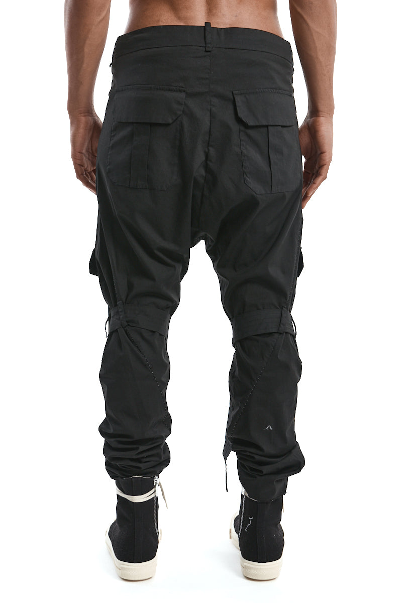 BLACK BAGGY STRAP POCKET TROUSERS