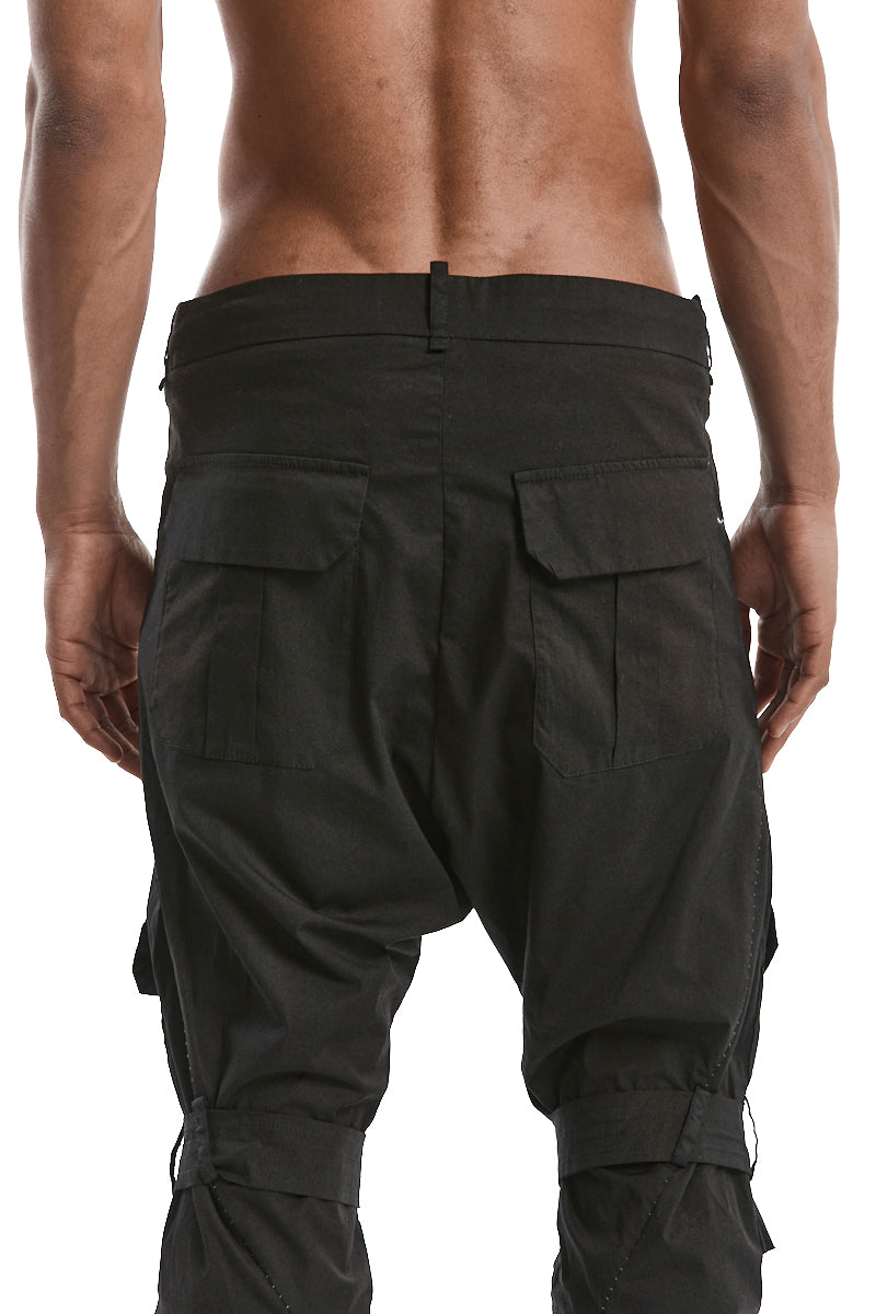 BLACK BAGGY STRAP POCKET TROUSERS