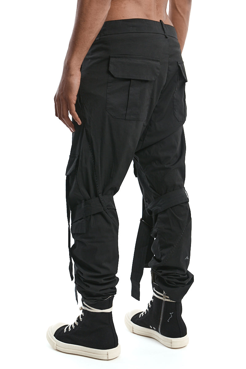 BLACK BAGGY STRAP POCKET TROUSERS