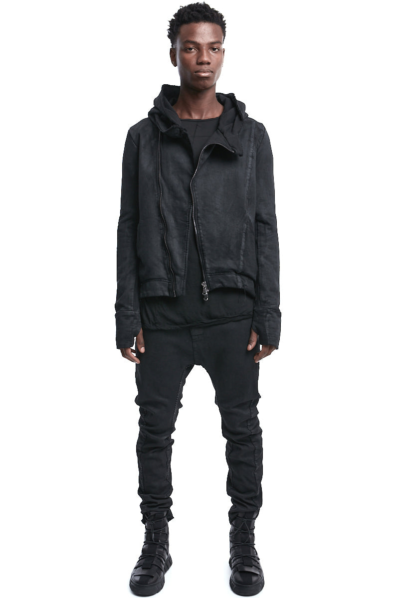 BLACK COATED ASYMMETRIC ZIPPED JACKET