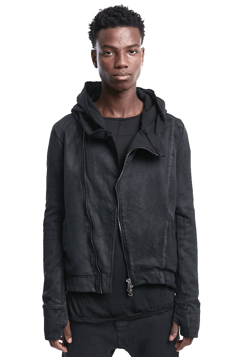 BLACK COATED ASYMMETRIC ZIPPED JACKET