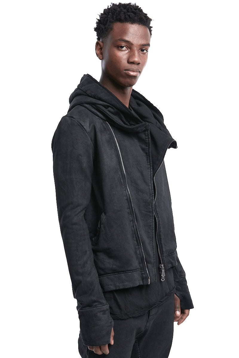 BLACK COATED ASYMMETRIC ZIPPED JACKET