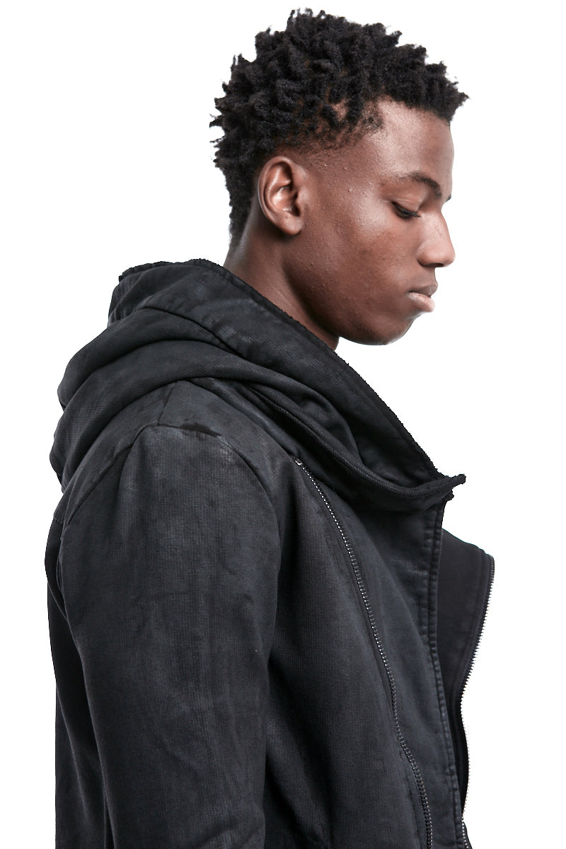 BLACK COATED ASYMMETRIC ZIPPED JACKET