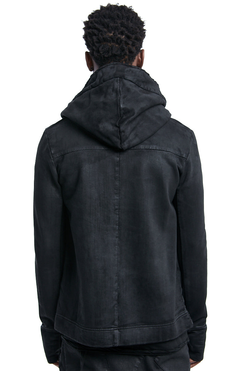 BLACK COATED ASYMMETRIC ZIPPED JACKET