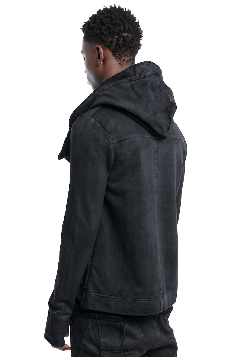 BLACK COATED ASYMMETRIC ZIPPED JACKET