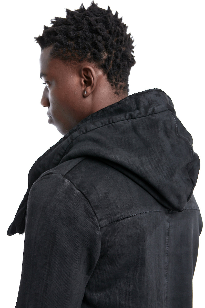 BLACK COATED ASYMMETRIC ZIPPED JACKET