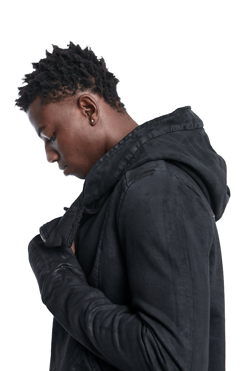 BLACK COATED ASYMMETRIC ZIPPED JACKET