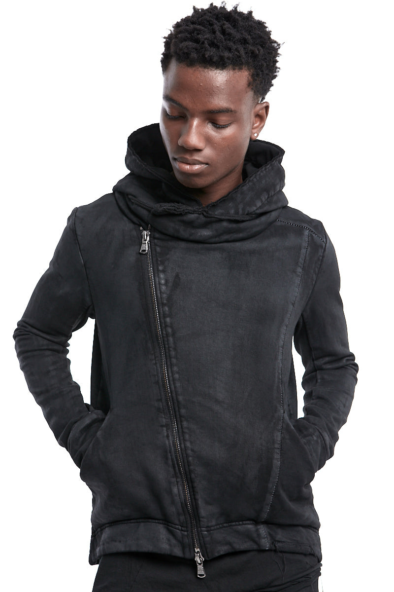 BLACK COATED ASYMMETRIC ZIPPED JACKET