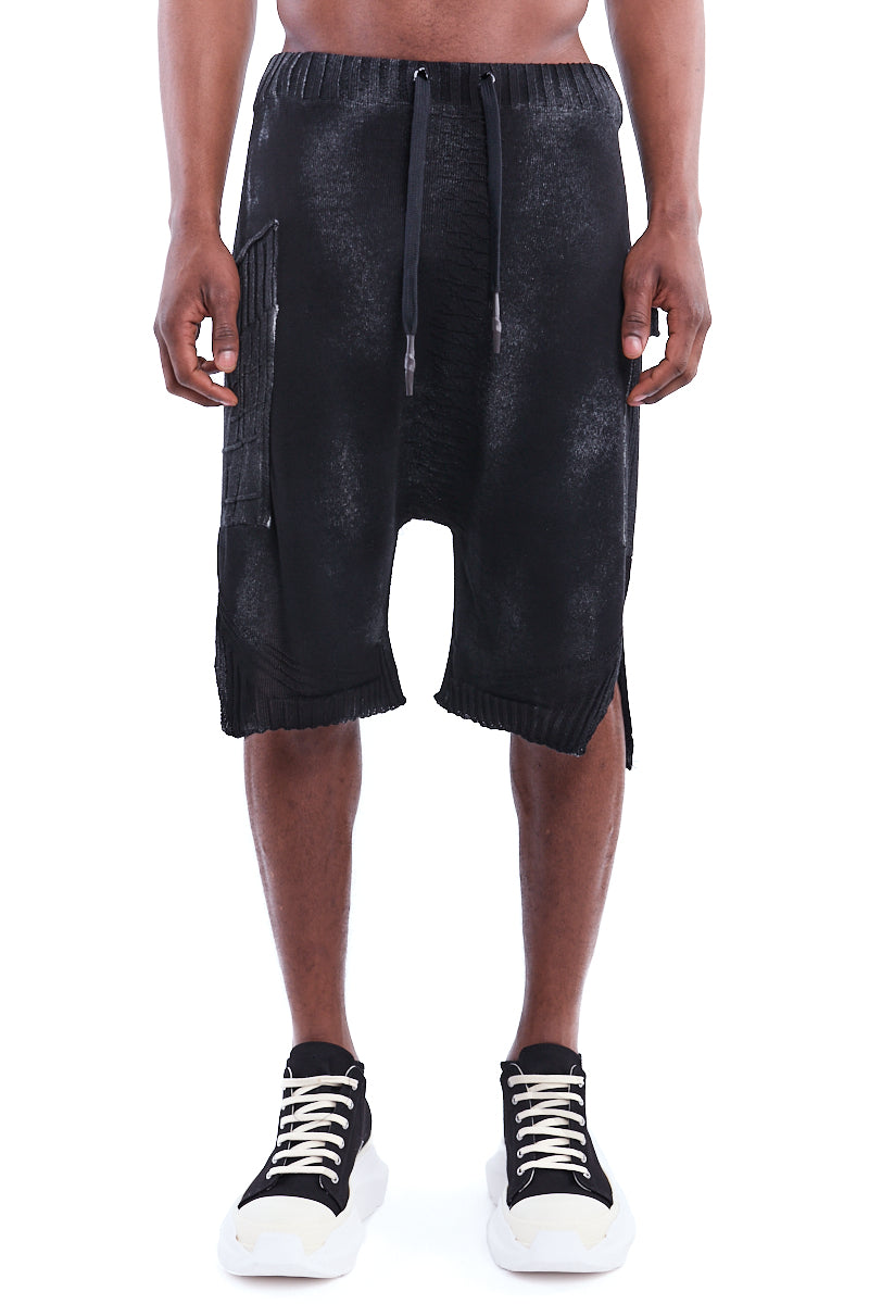 BLACK SPRAYED SIDE POCKET KNITTED SHORTS