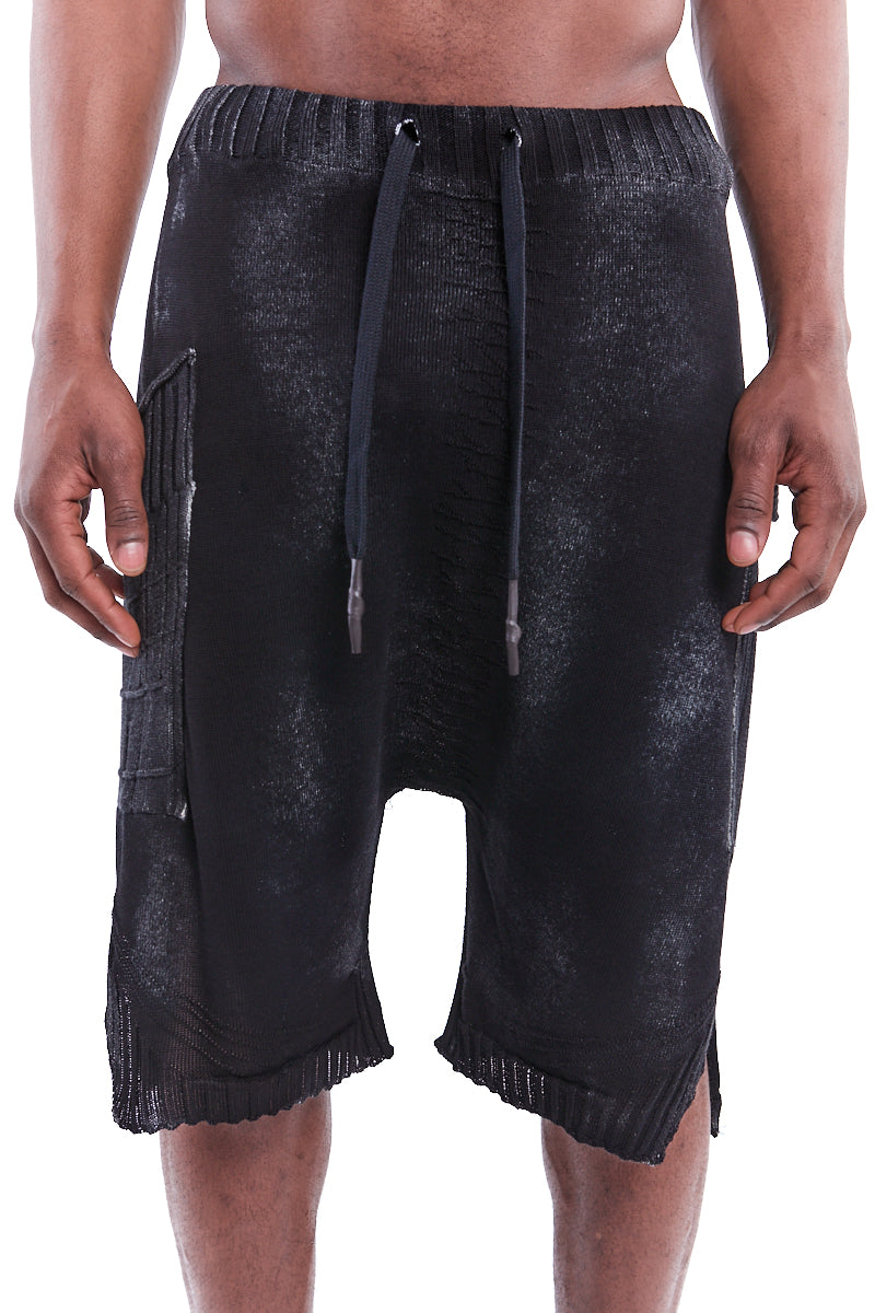 BLACK SPRAYED SIDE POCKET KNITTED SHORTS