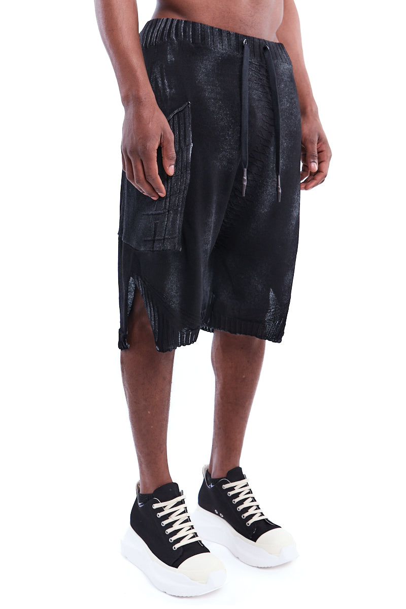 BLACK SPRAYED SIDE POCKET KNITTED SHORTS