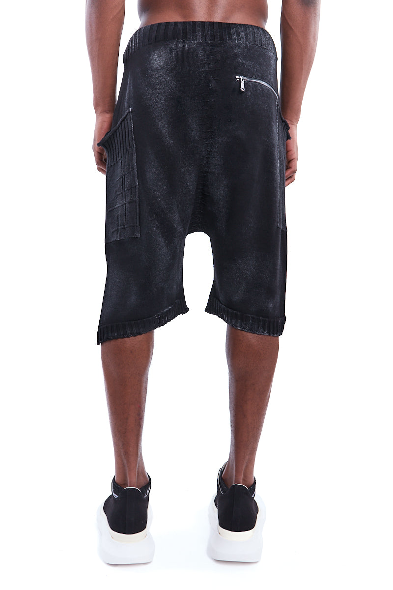 BLACK SPRAYED SIDE POCKET KNITTED SHORTS