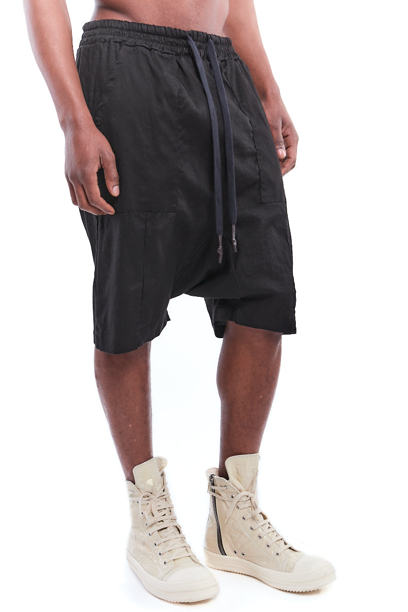 BLACK STRETCH LINEN SHORTS