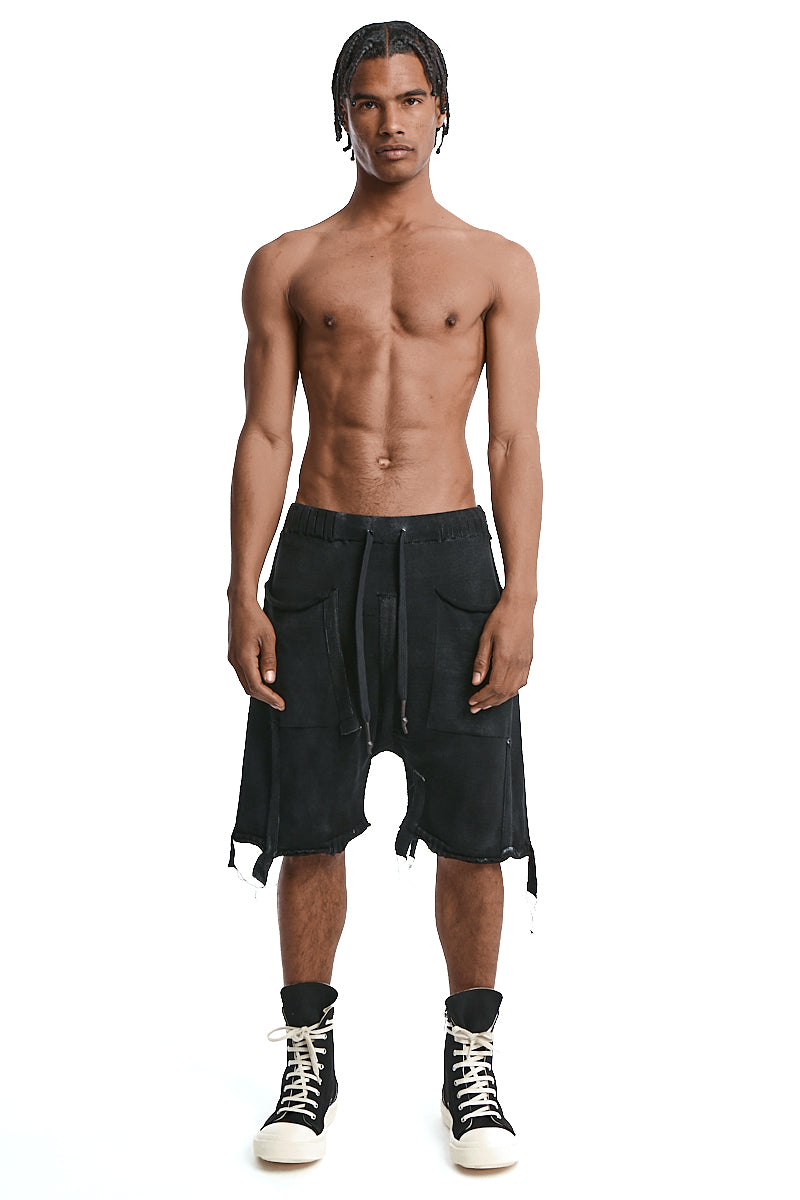 BLACK KNITTED LAYERED PANEL SHORTS