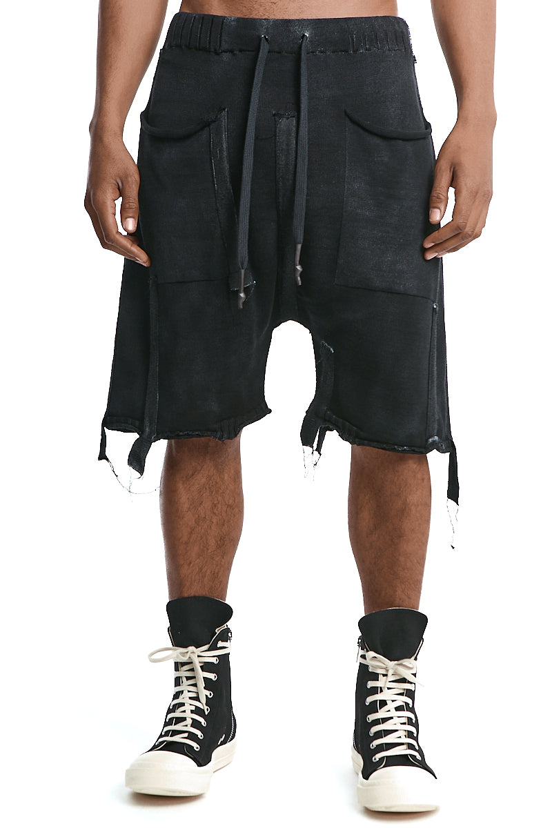 BLACK KNITTED LAYERED PANEL SHORTS