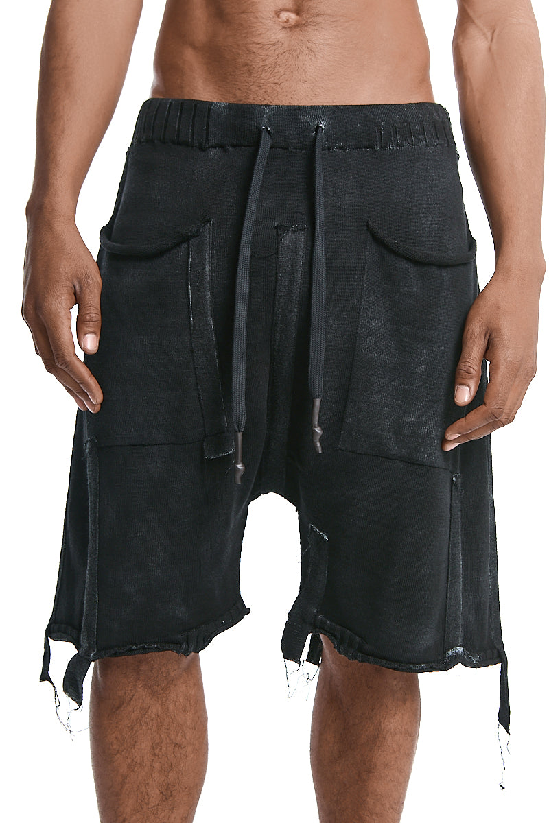 BLACK KNITTED LAYERED PANEL SHORTS