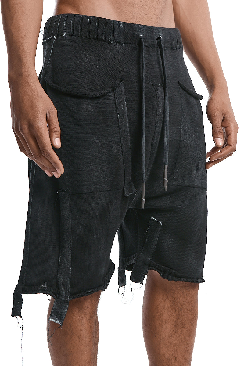 BLACK KNITTED LAYERED PANEL SHORTS