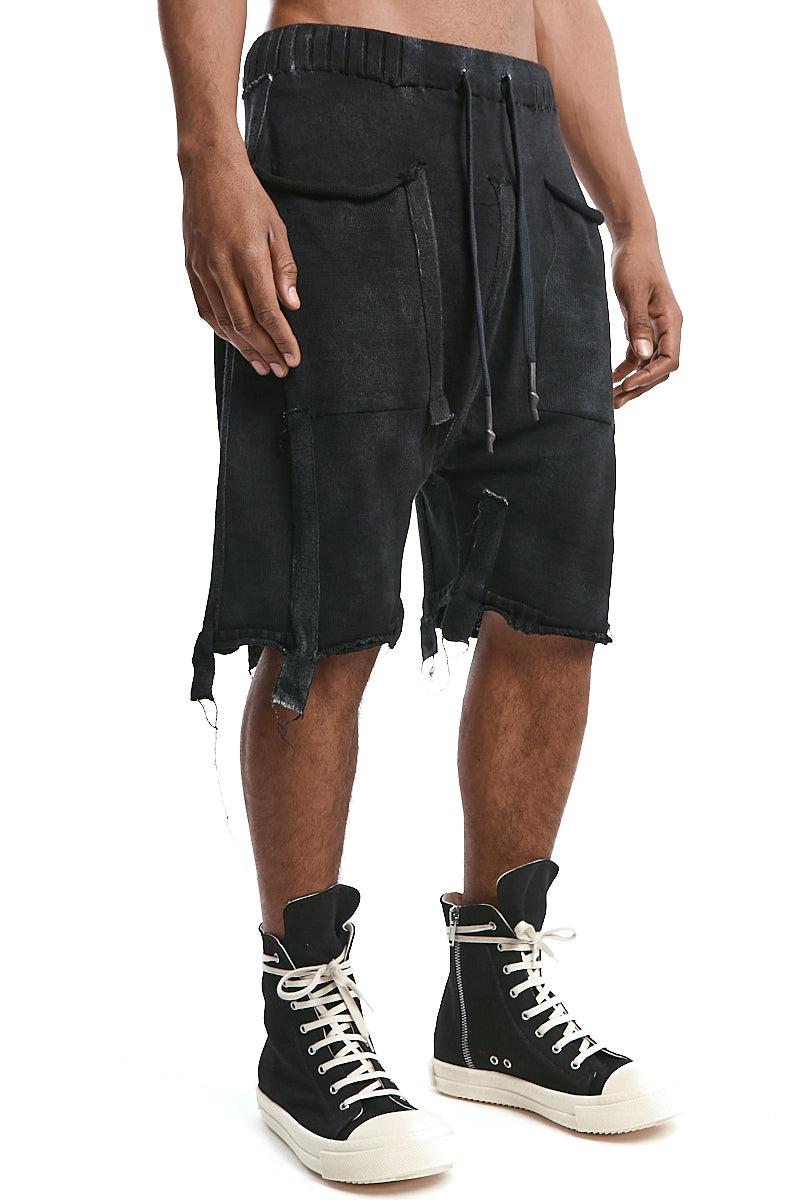 BLACK KNITTED LAYERED PANEL SHORTS