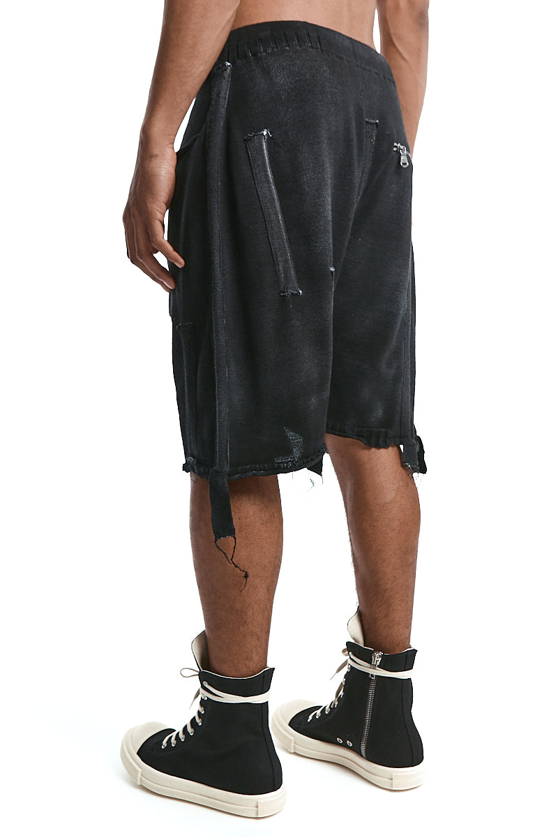 BLACK KNITTED LAYERED PANEL SHORTS