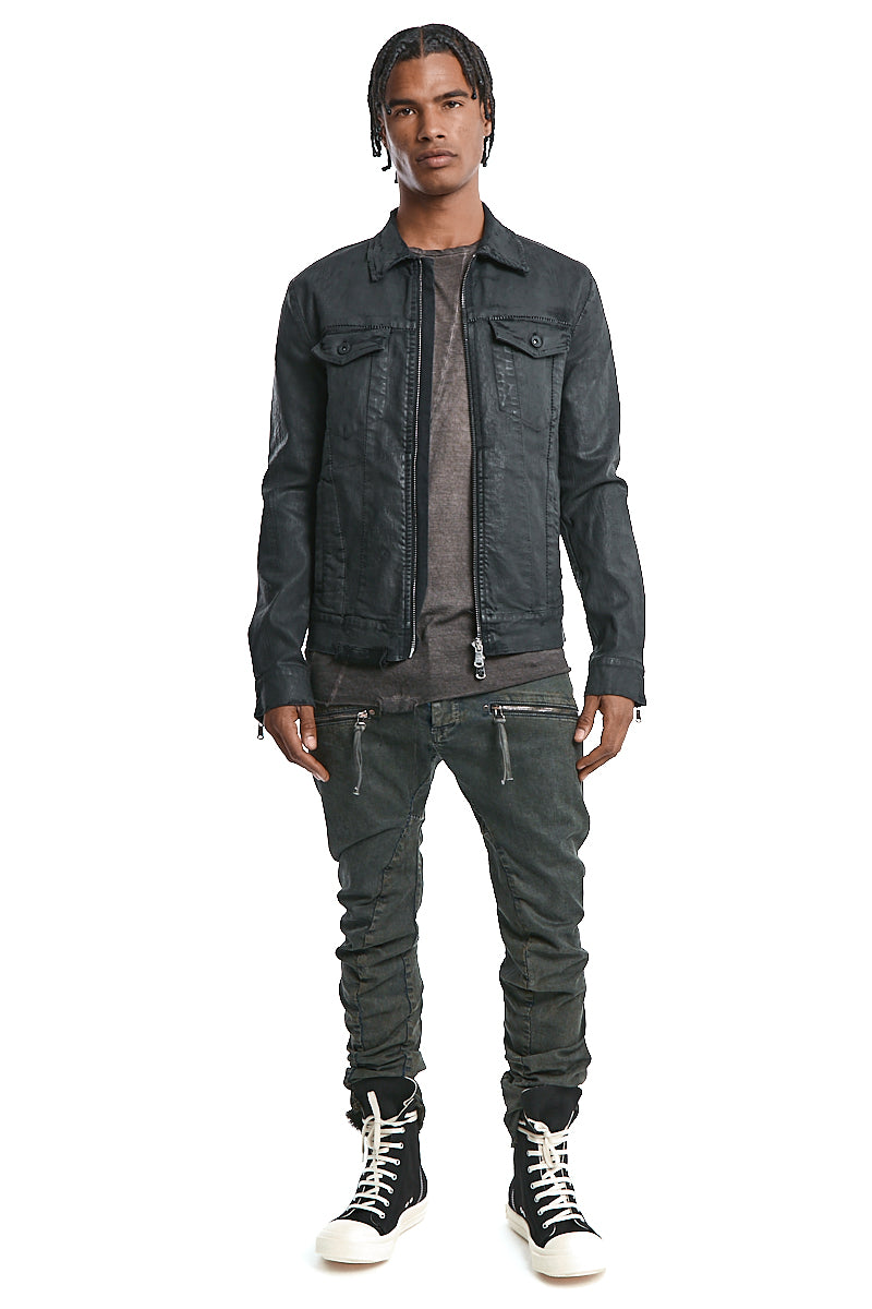 COATED BLACK STRETCH ZIPPED DENIM JACKET