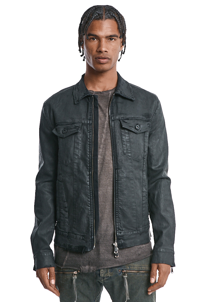 COATED BLACK STRETCH ZIPPED DENIM JACKET