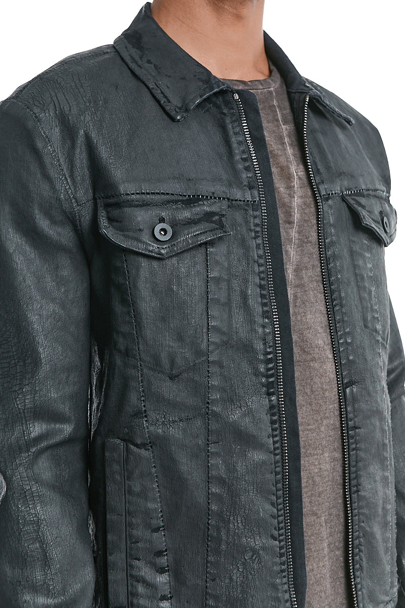 COATED BLACK STRETCH ZIPPED DENIM JACKET