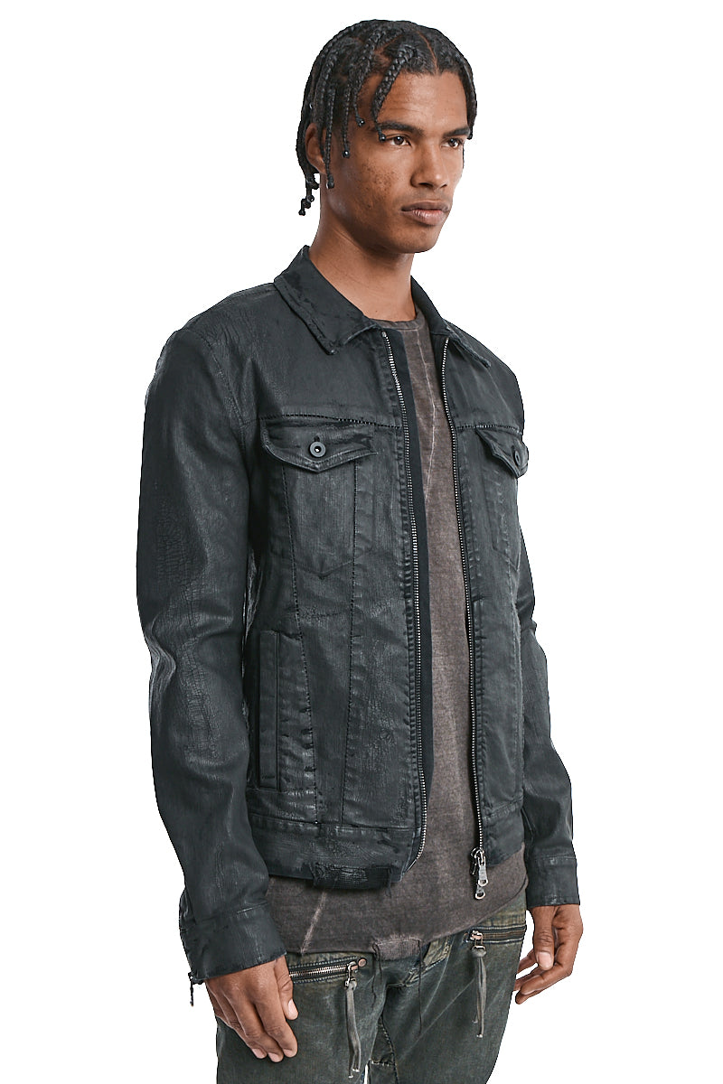 COATED BLACK STRETCH ZIPPED DENIM JACKET