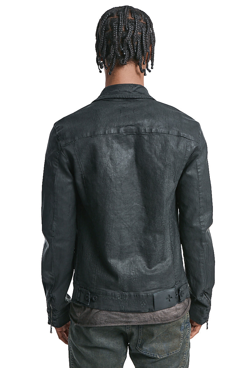 COATED BLACK STRETCH ZIPPED DENIM JACKET
