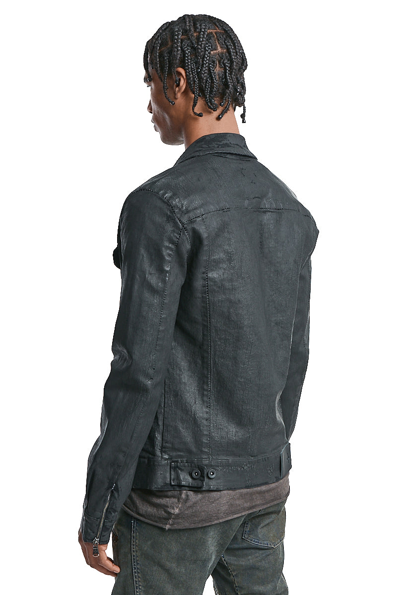 COATED BLACK STRETCH ZIPPED DENIM JACKET