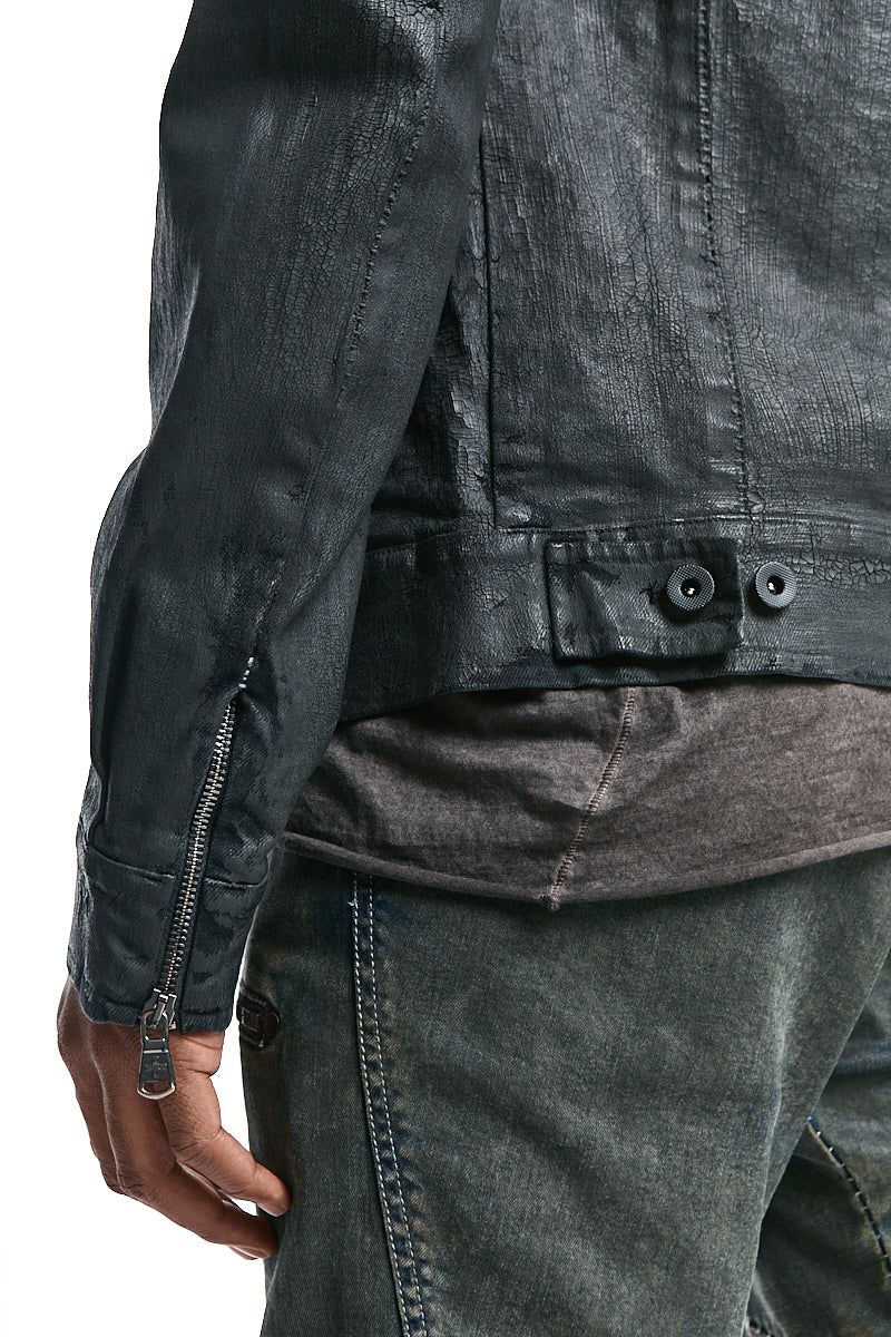 COATED BLACK STRETCH ZIPPED DENIM JACKET