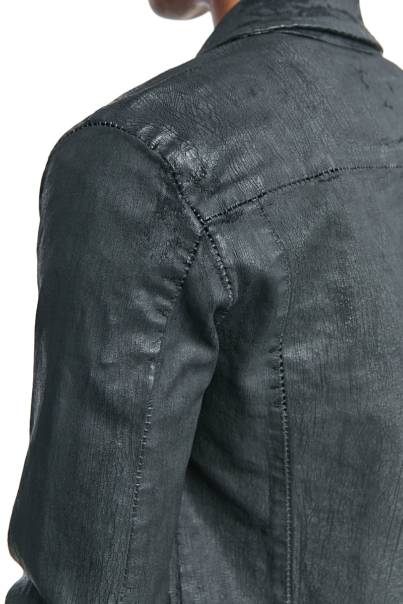 COATED BLACK STRETCH ZIPPED DENIM JACKET