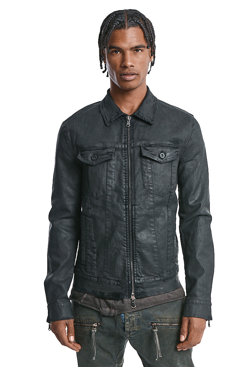 COATED BLACK STRETCH ZIPPED DENIM JACKET
