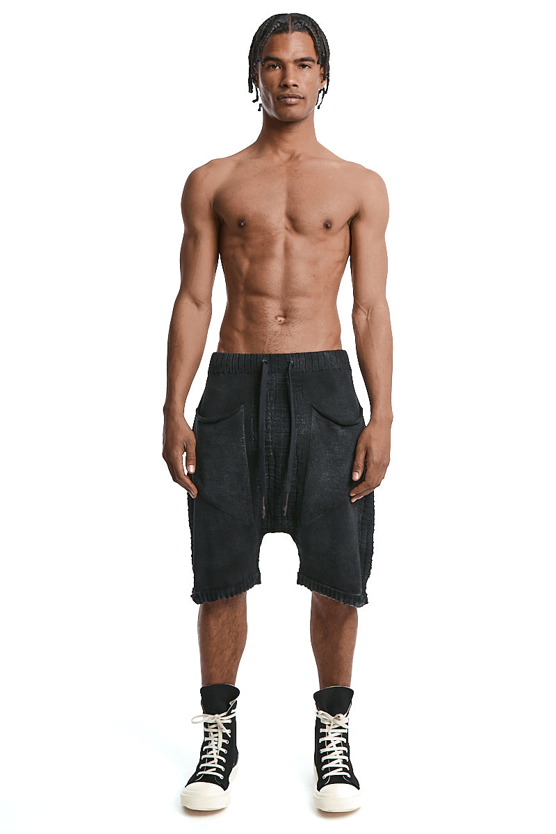 BLACK KNITTED DROP CROTH SHORTS
