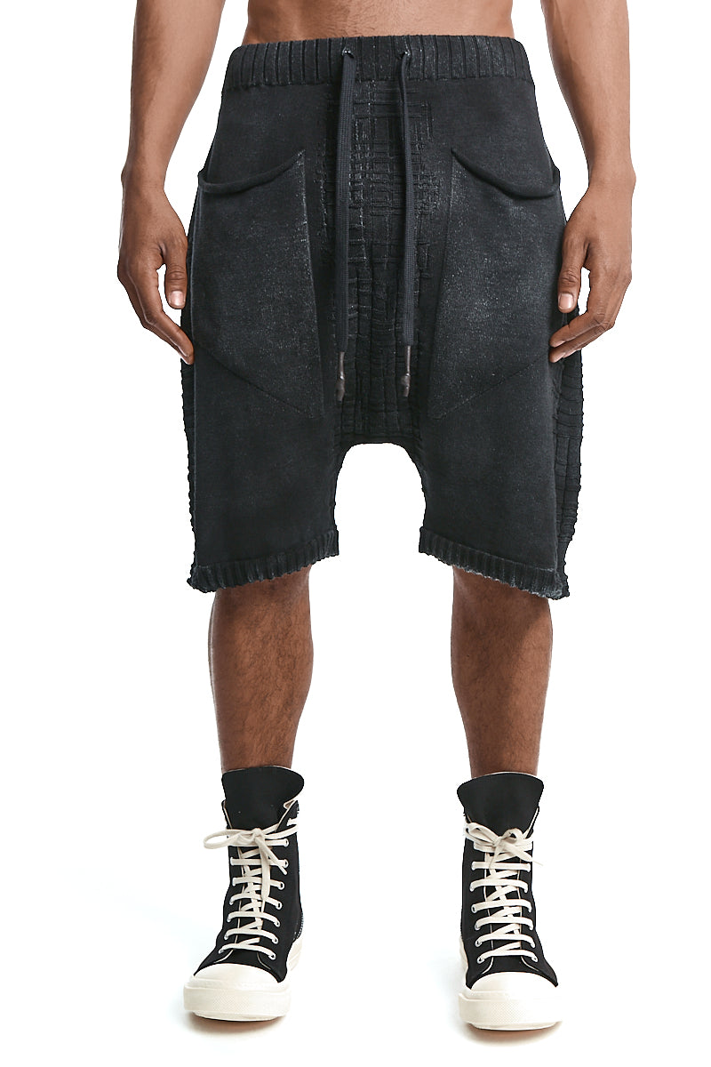 BLACK KNITTED DROP CROTH SHORTS