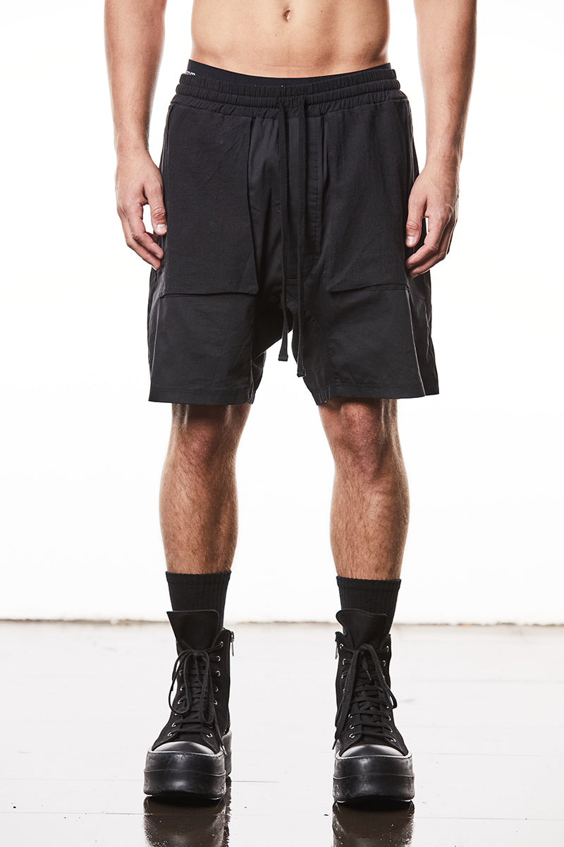 BLACK MATMIX DROP CROTCH SHORTS